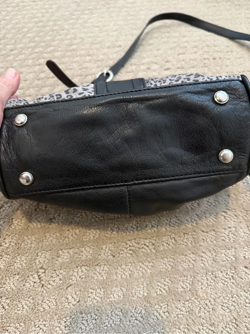 B. Makowsky Black Leather Crossbody Bag with Gray Leopard Print